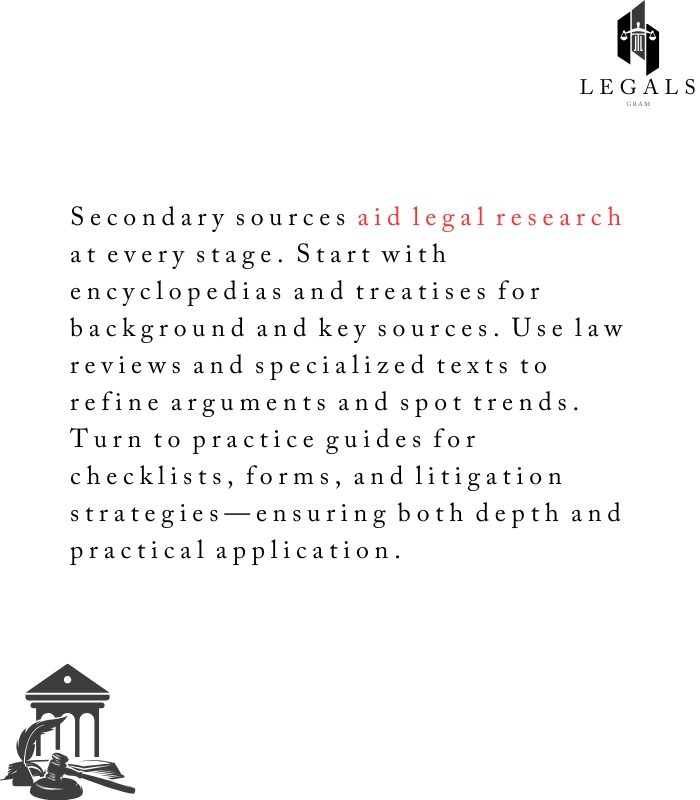 Secondary sources aid legal research at every stage. Start with encyclopedias and treatises for background and key sources. Use law reviews and specialized texts to refine arguments and spot trends. Turn to practice guides for checklists, forms, and litigation strategies—ensuring both depth and practical application.